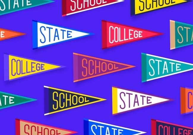 A variety of multicolored generic college pennants (bearing words like "School," "State" and "College") against a blue background.