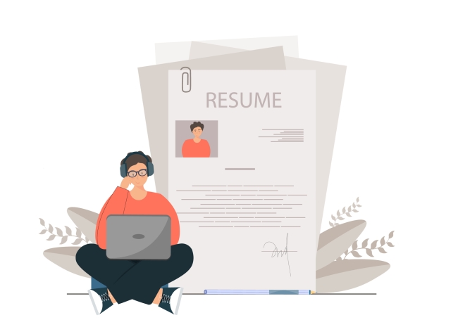 An illustration of a young woman sitting with a laptop writing a résumé.