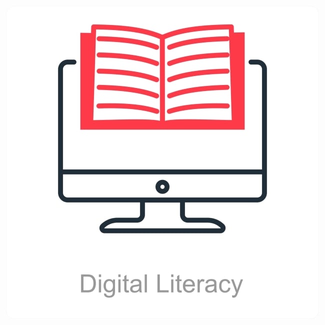 A stark, black, red and white icon-like illustration featuring an open book atop a computer monitor, above the words "Digital Literacy."
