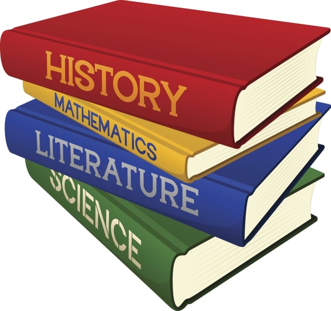 A stack of four textbooks with the words "History," "Mathematics," "Literature" and "Science" on each of their respective bindings.