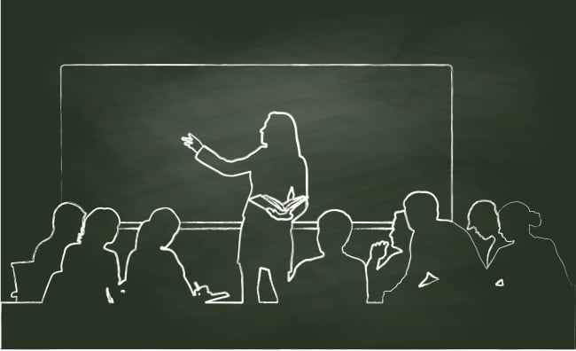 A black and white silhouette-like illustration of an instructor gesturing to a board with a group of students listening.