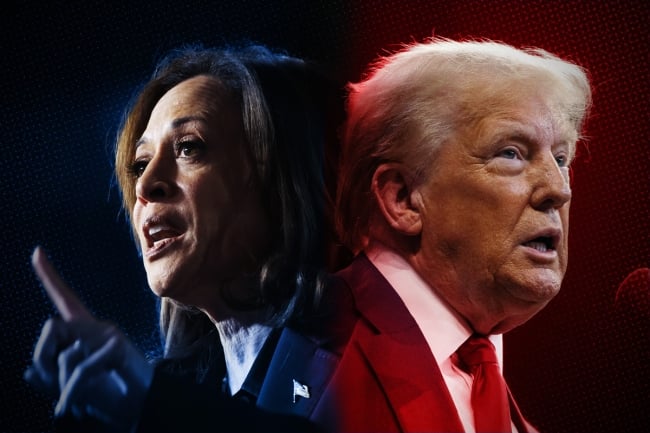 A photo illustration consisting of portraits of Kamala Harris, in blue, and Donald Trump, in red, facing in two different directions.