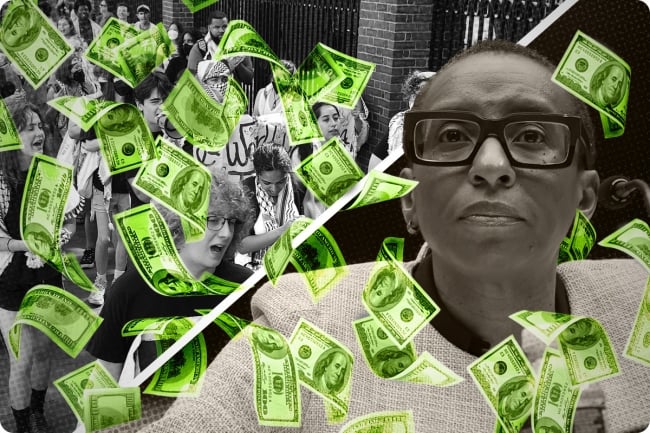A photo illustration of protests at Harvard University and former president Claudine Gay.