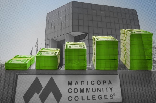 A Maricopa Community Colleges building with stacks of money overlaid onto it.