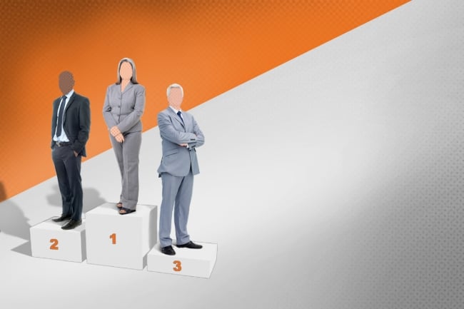 A photo illustration of three people standing on a tri-level podium.