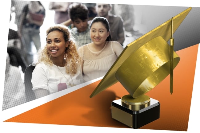 Graduation cap trophy and diverse students