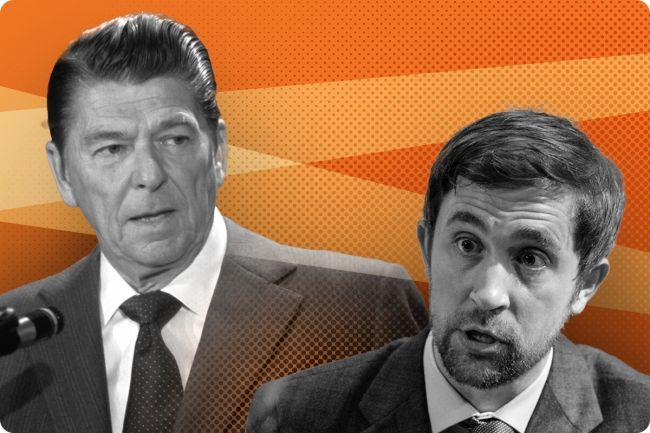 A photo illustration featuring images of former president Ronald Reagan and Christopher Rufo juxtaposed next to one another, against a wavy orange background.