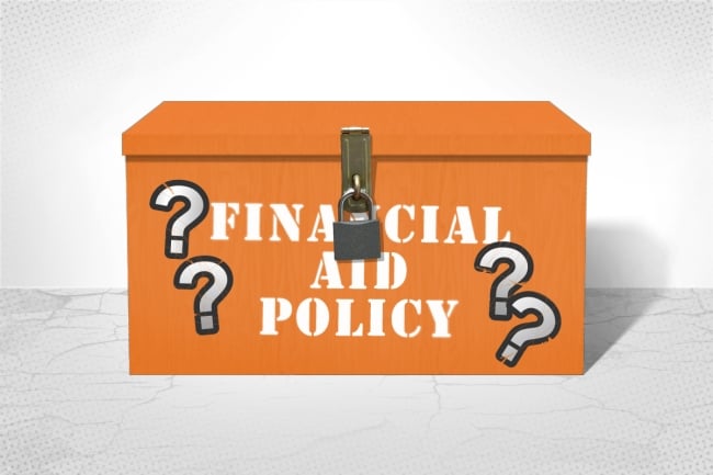 An orange box with the words "financial aid policy" and question marks on it