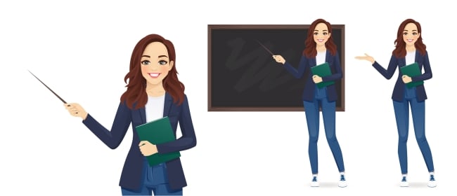 An illustration of a female instructor in three different teaching positions.