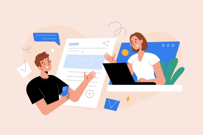 An illustration of two people collaborating on a document.