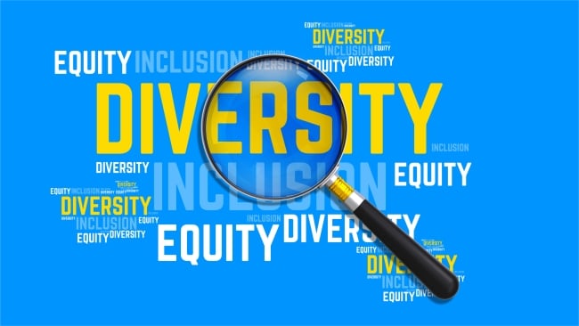 A word cloud made up of the words "Diversity," "Equity" and "Inclusion" with a magnifying glass lying atop it.