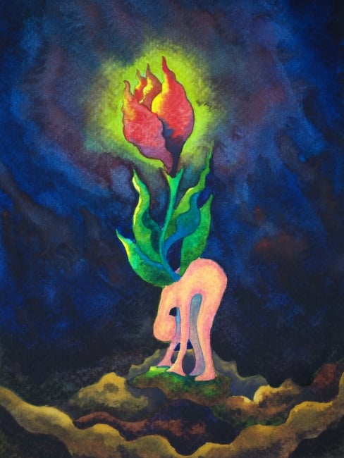 A watercolor illustration of a bent-over figure in darkness, a person seemingly imbued with pain, with a flower blooming behind them.