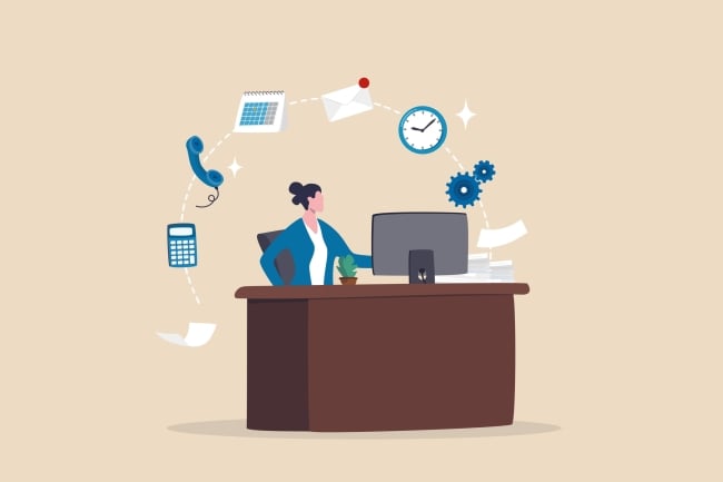 An illustration of a female professional sitting at a desk in front of a computer; surrounding her are various icons, including of a calculator, a phone, a calendar, an envelope, a clock, and a sheet of paper.