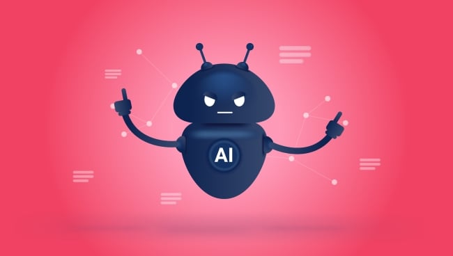 An illustration of an AI bot with an angry face against a red background.