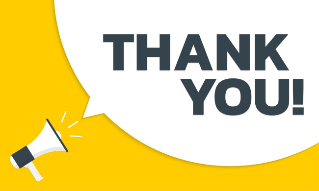 An illustration of a bullhorn amplifying the message "Thank you!"