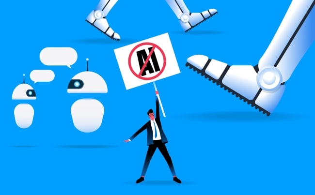 A cartoon-like illustration of a man valiantly holding up a protest sign against AI as two chatbots speak in the background and robot-like feet stomp above him.