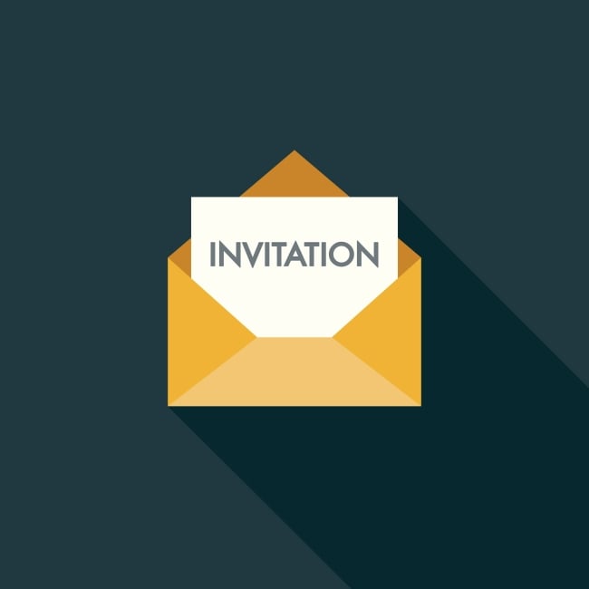 An illustration of a card that reads "INVITATION" in an open envelope against a dark background.