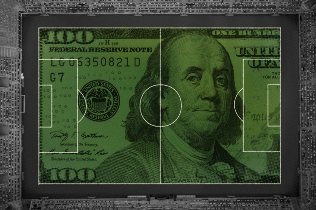 A photo illustration of a soccer field made out of money.