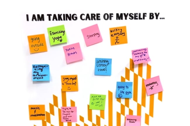Colorful Post-it notes show self-care tips.
