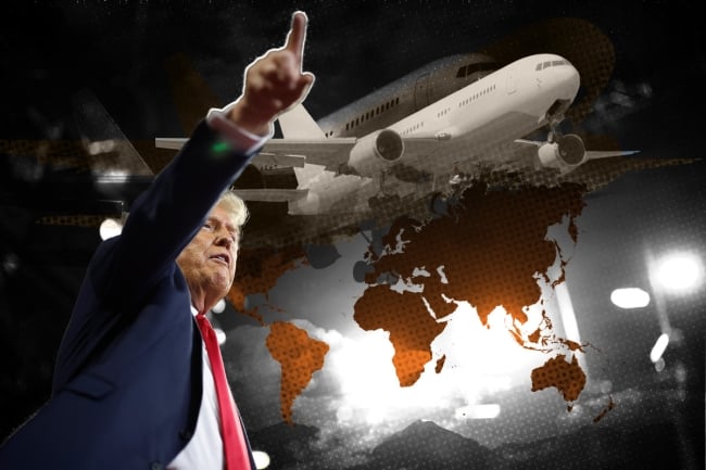 An illustration showing Trump, an airplane and a map of the world.