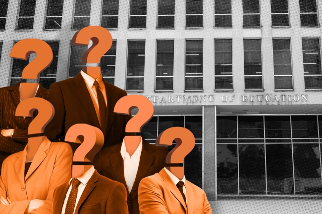 A photo ilustration of the Education Department and bodies with question marks for heads