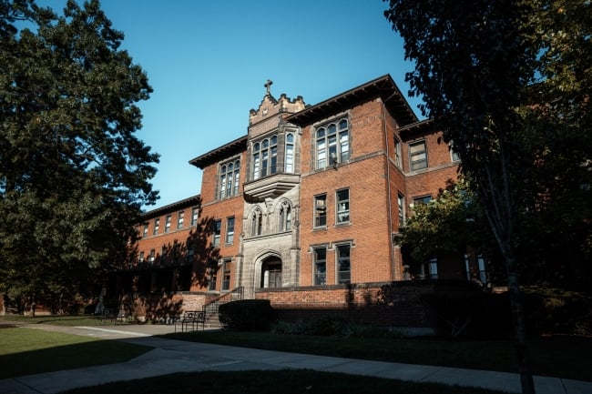 A view of Carlow University's campus on a sunny day.