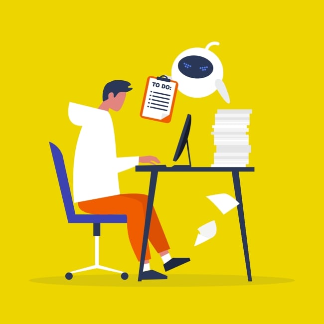 An illustration of a student typing on a laptop, a huge stack of papers behind it, while an AI bot holds up a to-do list.