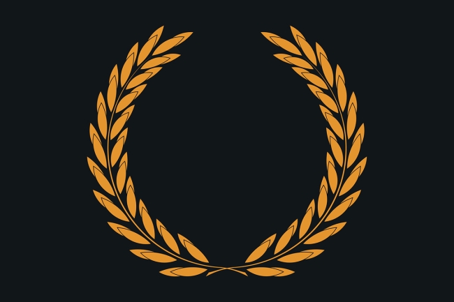 An illustration of an orange laurel wreath against a black background.