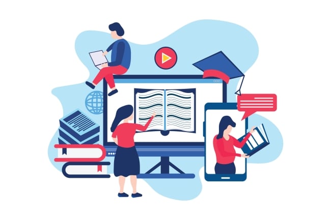 An illustration conveying the concept of online learning: in the center of the illustration is a large computer monitor with an open book on the screen. A person stands in front of the monitor and another sits on top of it, reading a book. A third person can be seen to the right of a monitor framed by the outlines of a smart phone as they read a book.