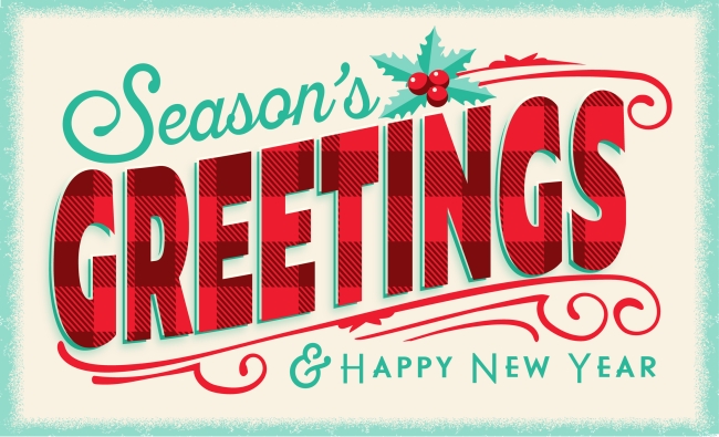 An illustration of a holiday card that reads "Seasons Greetings & Happy New Year."