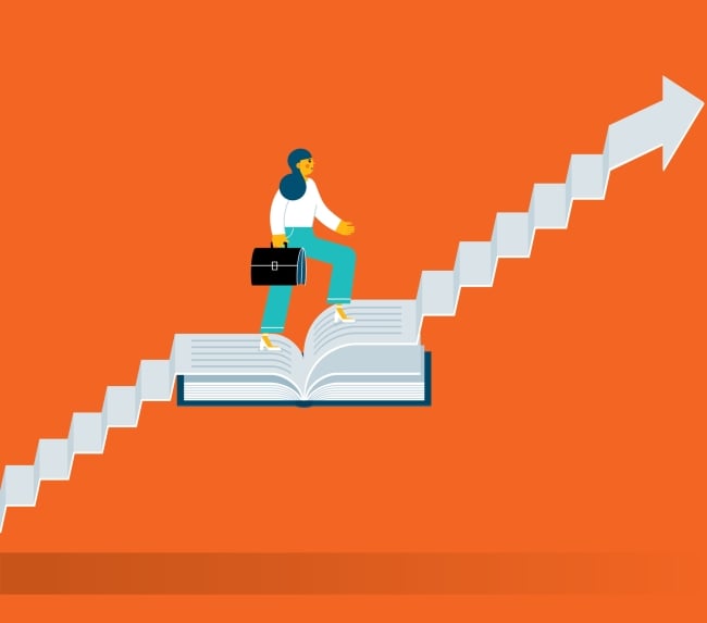 An illustration of a young woman carrying a briefcase walking up a staircase made of books toward a fixed destination.