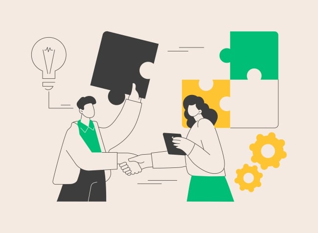 An illustration of two people shaking hands as they work together on a project with a jigsaw puzzle in the background. One person in the illustration holds a tablet while the other holds up a puzzle piece. The illustration also features icons of a lightbulb and gears.