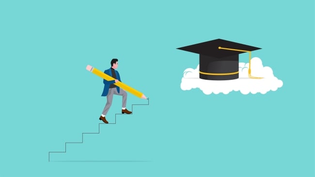 An illustration of a person walking up toward a graduation cap, placed on a cloud, drawing the steps as he goes with a No. 2 pencil.