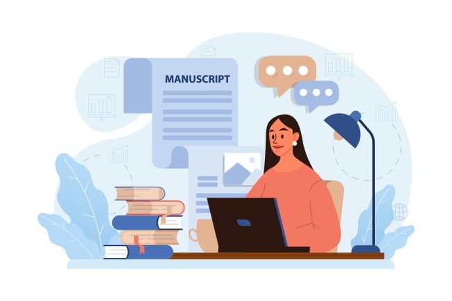An illustration of a female writer working on a book manuscript on an open laptop at a desk.  A pile of books sits on the desk; an icon of a text with the title "Manuscript" floats next to her.