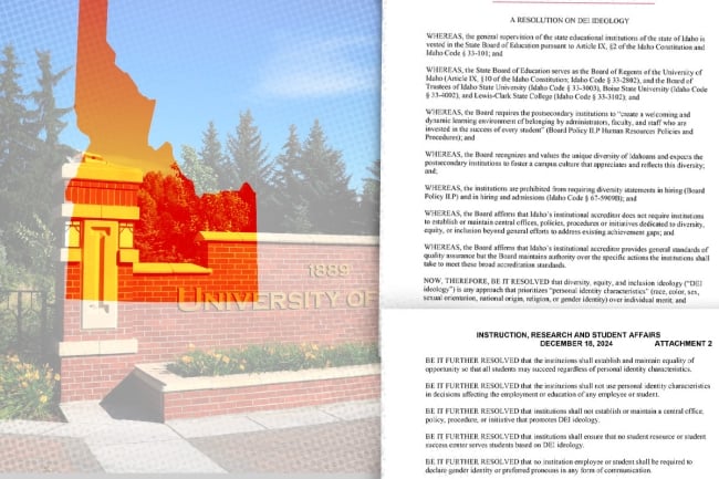 An image of the Idaho State Board of Education resolution overlaid onto an image of the state and a campus.