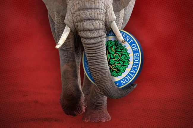An elephant walks forward while holding the seal of the Education Department in its trunk