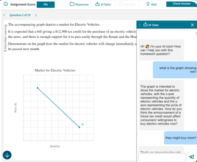 A screenshot of a student conversation with an AI tutor