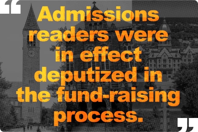 Orange text says admissions readers were in effect deputized in the fundraising process