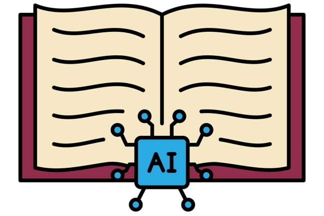 An illustration of an open book, with a chat-bot icon that says "AI."
