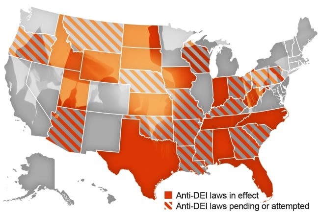 A map showing states with enacted anti-DEI legislation and pending or attempted anti-DEI bills.