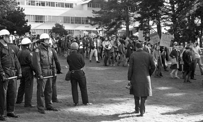 Students and teachers demonstrate on campus during San Francisco State strike, December 6, 1968