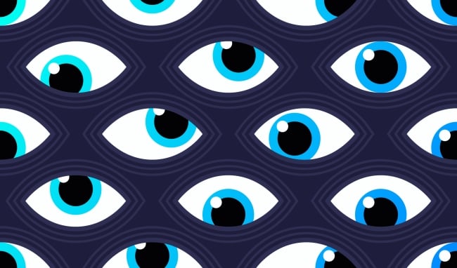 A wallpaper-like illustration featuring many eyeballs staring, suggesting a "Big Brother," Orwellian surveillance atmosphere.
