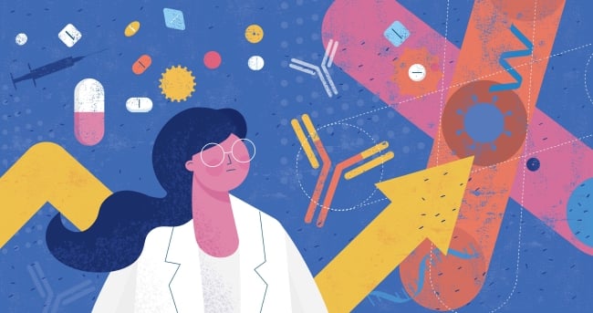 An illustration of a female scientist looking into the distance -- behind her an arrow points one way and icons illustrating pharmaceutical research (e.g. of pills) hover in the air, all against a purple background.