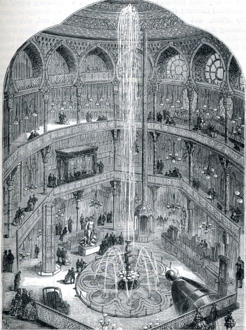 A drawing illustrating the concept of the panopticon, a design concept for prisons featuring a central watchtower from which guards can see into all the cells, but the prisoners can't see if they are being watched.