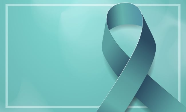 A teal ribbon, a symbol for sexual assault awareness and support, against a slightly lighter teal background.