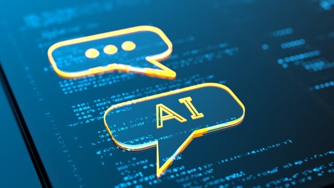 An illustration of two speech bubbles: one says "AI" and the other includes an ellipsis, suggesting a conversation with a chat bot.