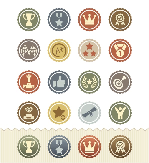 A slate of 20 different badges signifying achievement, featuring various images including trophies and a thumbs-up.