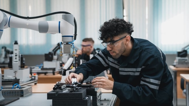 Student engineer assembling robotic arm with computer in technology workshop.
