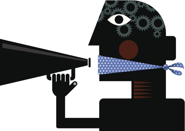 A silhouette-type illustration of a man, wearing a blue gag across his mouth, holding a bullhorn.