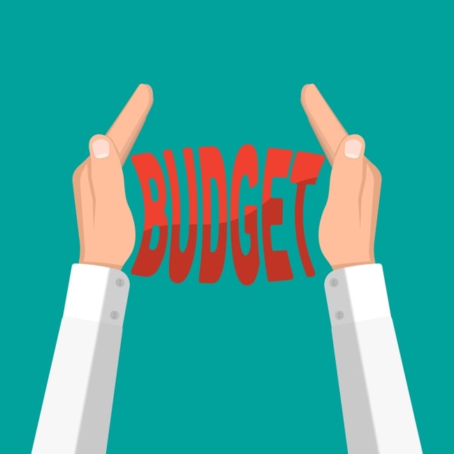 An illustration of two hands squeezing the word "budget."